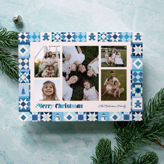 Patchwork Christmas Shades of Blue Holiday Card