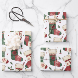 Patchwork Christmas Stockings Red Green White Wrapping Paper Sheet