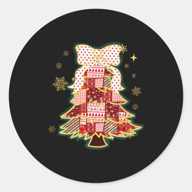Patchwork Christmas Tree Coquette Bow Xmas Holiday Classic Round Sticker (Front)