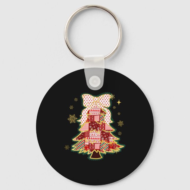 Patchwork Christmas Tree Coquette Bow Xmas Holiday Key Ring (Front)