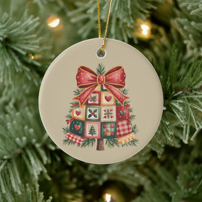 Patchwork Christmas Tree Coquette Xmas Holiday Ceramic Tree Decoration (Tree)