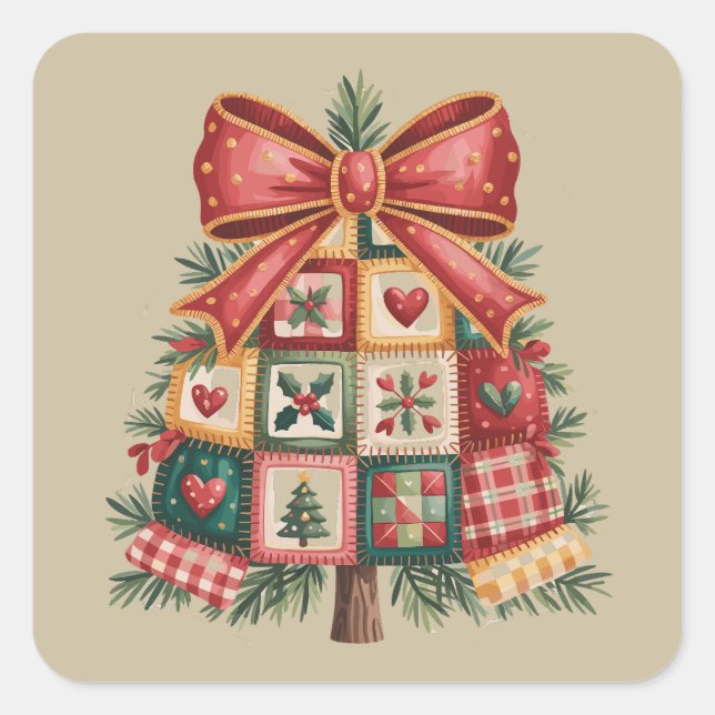 Patchwork Christmas Tree Coquette Xmas Holiday Square Sticker (Front)