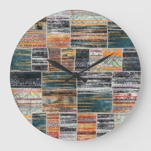 Patchwork collage mix, quilt pattern print. large clock