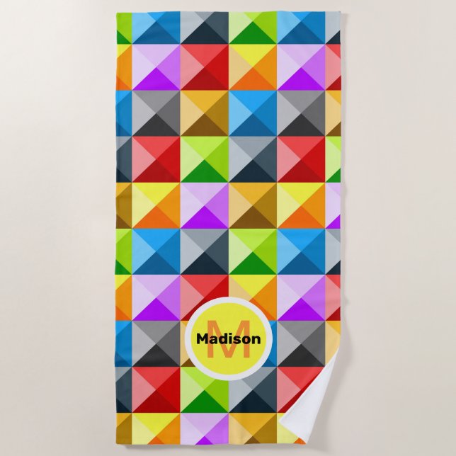 Patchwork Colourful geometric pattern Monogram Beach Towel (Front)