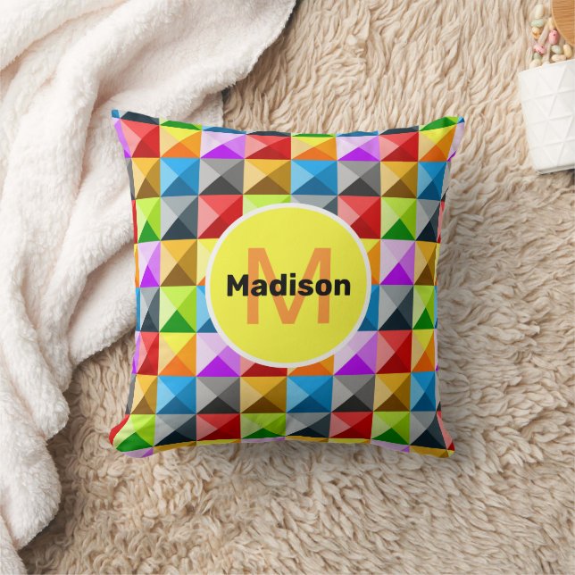 Patchwork Colourful geometric pattern Monogram Cushion (Blanket)