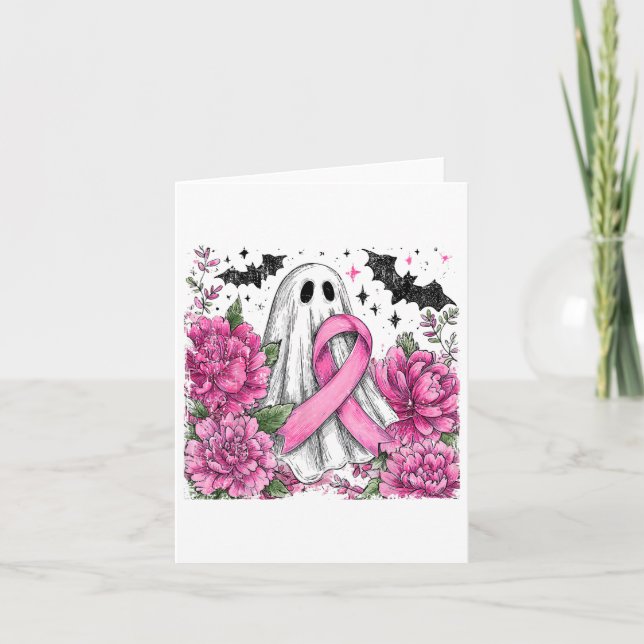 Patchwork Coquette Bow Breast Cancer Ghost Hallowe Card (Front)