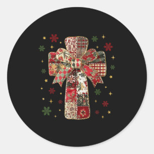Patchwork Cross Christian Christmas Coquette Bow  Classic Round Sticker