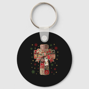 Patchwork Cross Christian Christmas Coquette Bow  Key Ring