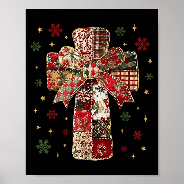 Patchwork Cross Christian Christmas Coquette Bow  Poster (Front)