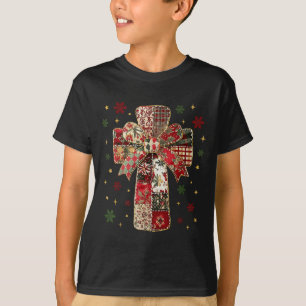 Patchwork Cross Christian Christmas Coquette Bow T-Shirt