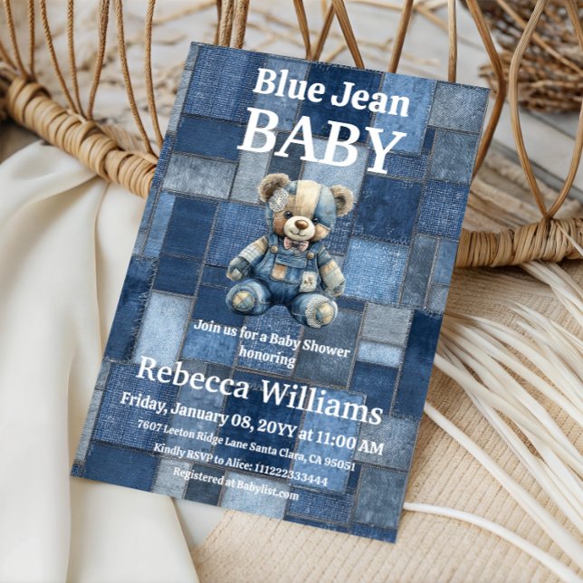 Patchwork Denim Bear Boy Blue Jean Baby Shower Invitation (Creator Uploaded)