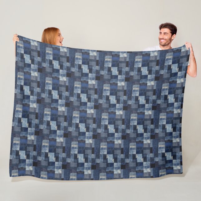 Patchwork Denim Fabric Art Illustration No11 Fleece Blanket (In Situ)