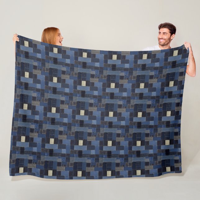 Patchwork Denim Fabric Art Illustration No13 Fleece Blanket (In Situ)