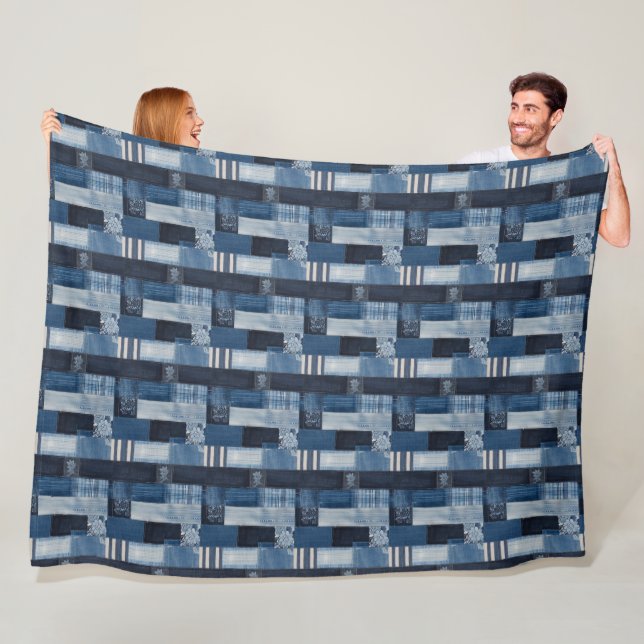 Patchwork Denim Fabric Art Illustration No5 Fleece Blanket (In Situ)