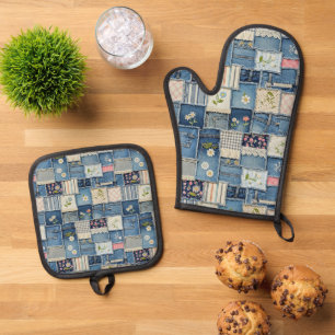 Patchwork Denim Oven Mitt & Pot Holder Set