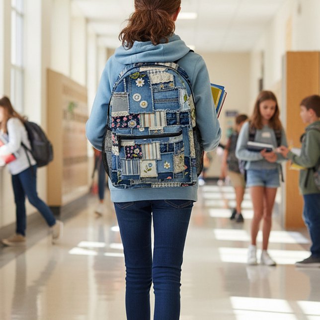 Patchwork Denim Printed Backpack (Creator Uploaded)