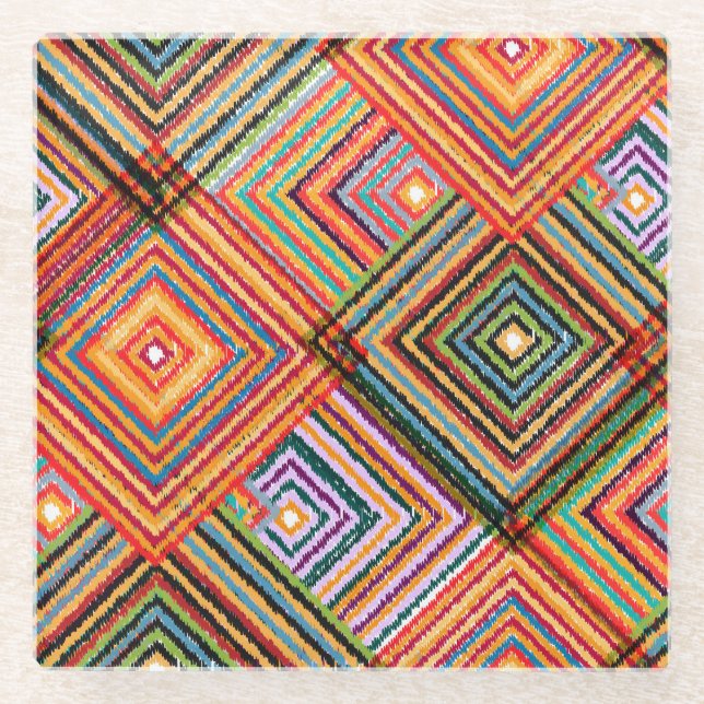 Patchwork Design with Aztec Squares. Glass Coaster (Front)