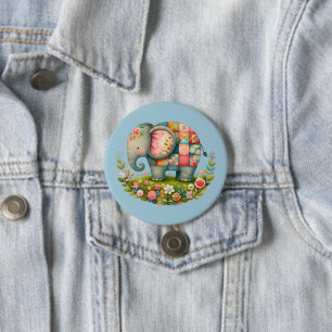 Patchwork Elephant Floral Meadow Charm 7.5 Cm Round Badge