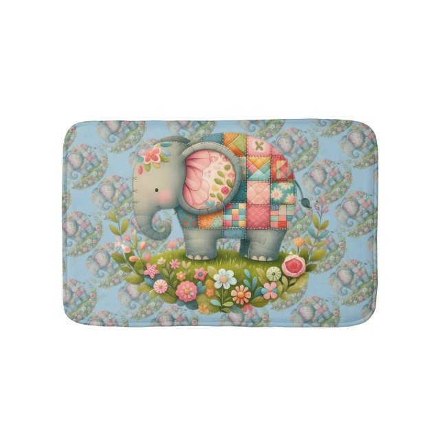 Patchwork Elephant Floral Meadow Charm Bath Mat (Front)