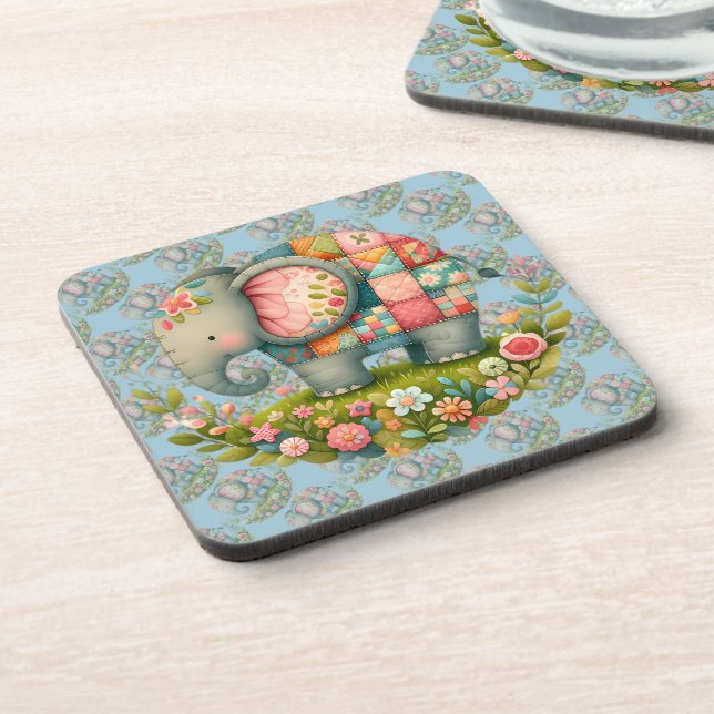 Patchwork Elephant Floral Meadow Charm Coaster (Left Side)