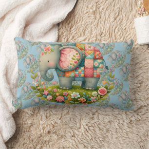 Patchwork Elephant Floral Meadow Charm Lumbar Cushion
