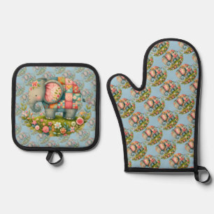 Patchwork Elephant Floral Meadow Charm Oven Mitt & Pot Holder Set
