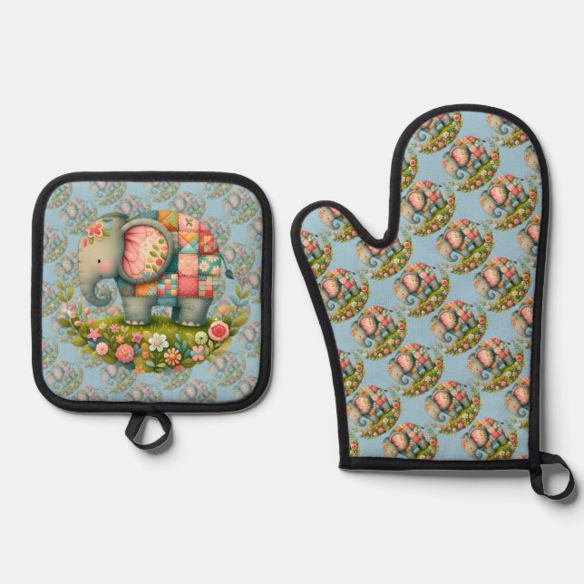 Patchwork Elephant Floral Meadow Charm Oven Mitt & Pot Holder Set (Front)