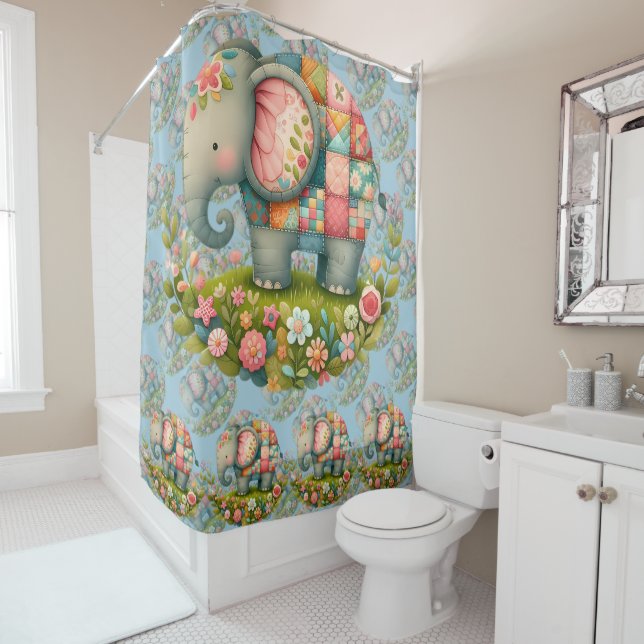 Patchwork Elephant Floral Meadow Charm Shower Curtain (In Situ)