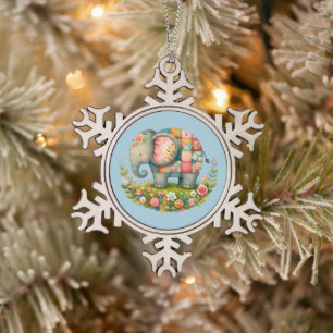 Patchwork Elephant Floral Meadow Charm Snowflake Pewter Christmas Ornament