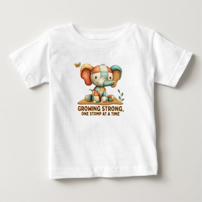 Patchwork Elephant “Growing Strong”   Baby T-Shirt (Front)
