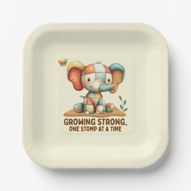 Patchwork Elephant “Growing Strong Paper Plate (Front)