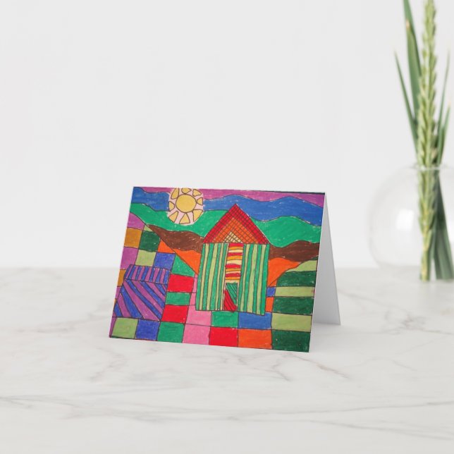 "Patchwork Farm" (Oil Pastels and Pen) Card (Front)