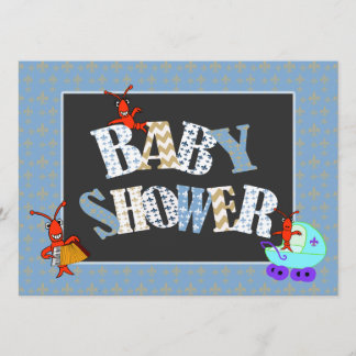 Patchwork Fleur de Lis Crawfish Baby Shower Boy Invitation