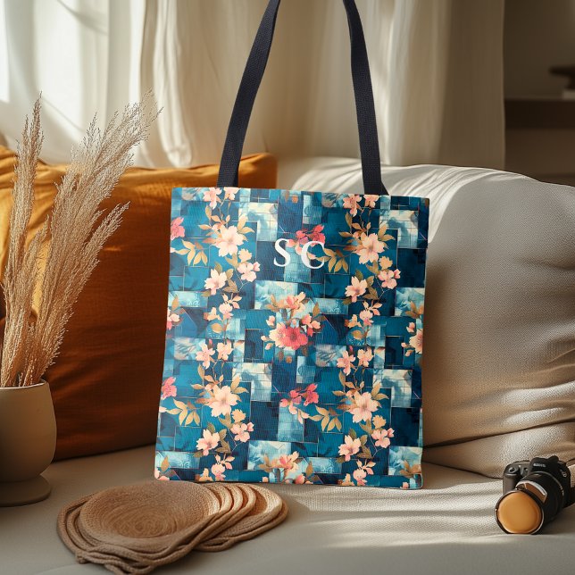 Patchwork Floral & Geometric with Cherry Blossom Tote Bag (Creator Uploaded)