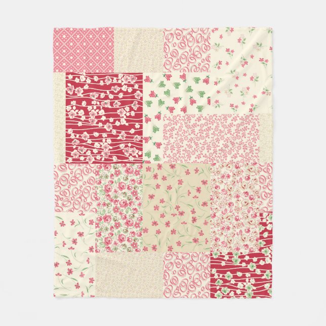 Patchwork Floral: Hand Drawn Ornaments. Fleece Blanket (Front)