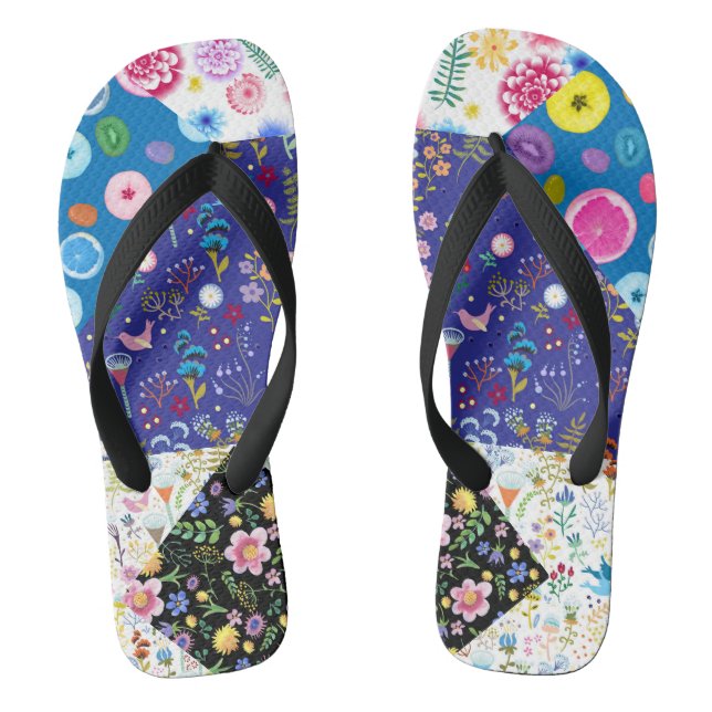 Patchwork floral pattern on a black background. Ve Jandals (Footbed)