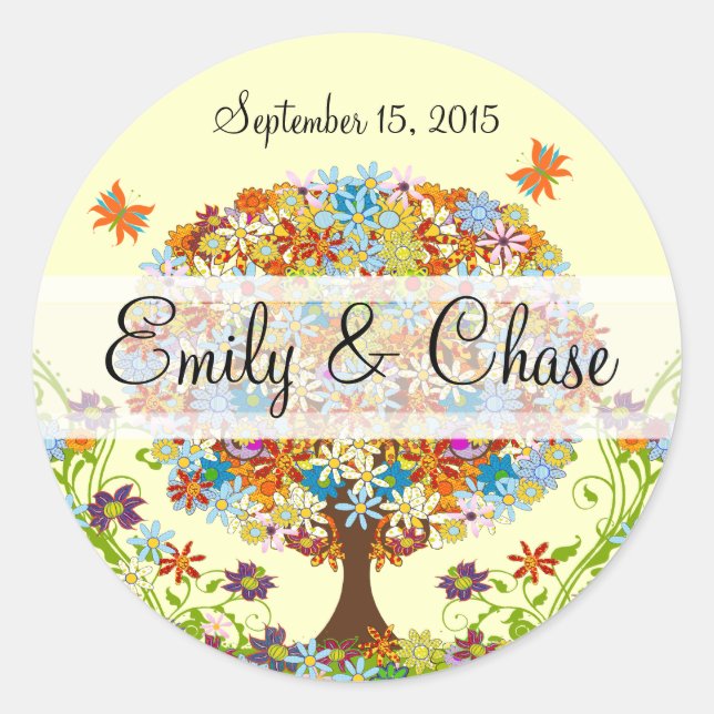Patchwork Flower Love Tree Wedding Stickers (Front)
