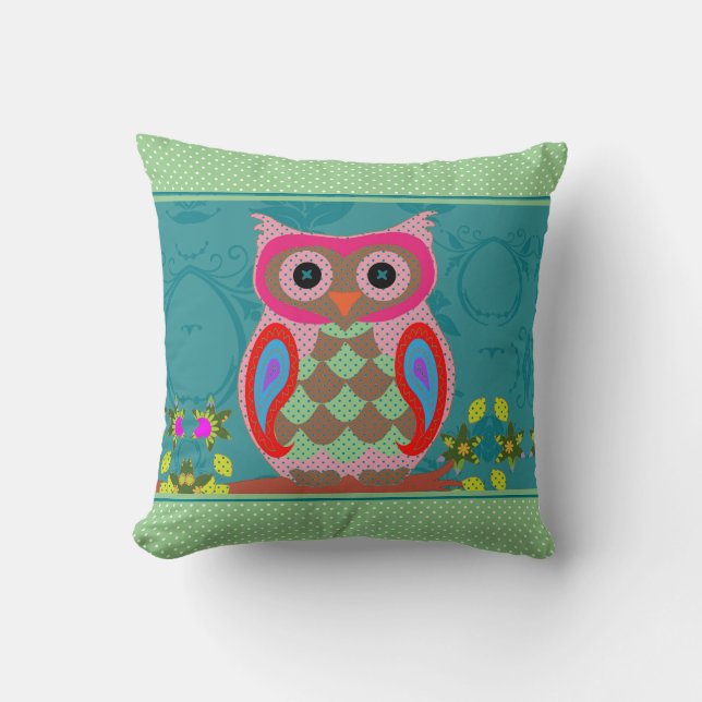 Patchwork Folk Art Owl and Dots Cushion (Front)