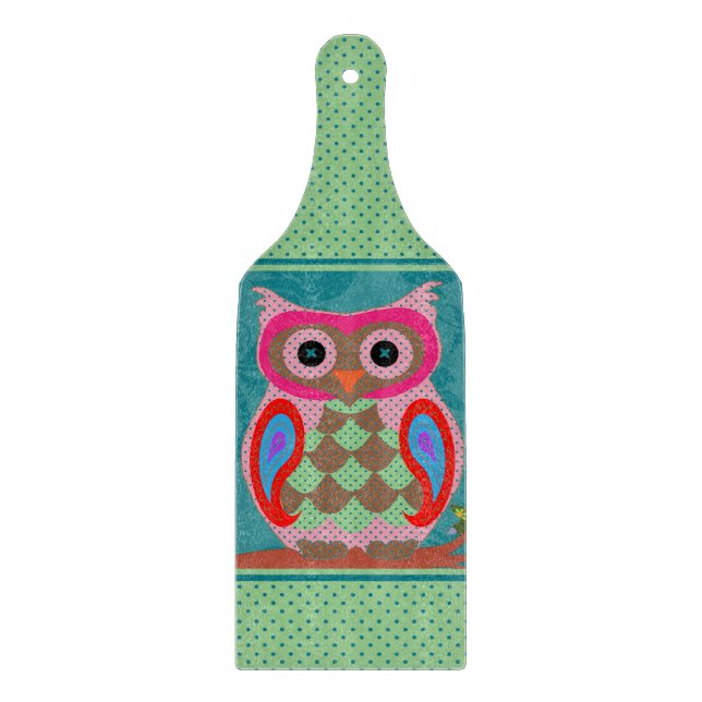 Patchwork Folk Art Owl and Dots Cutting Board (Front)