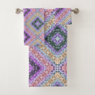 Patchwork folk retro ornamental decor violet gray bath towel set