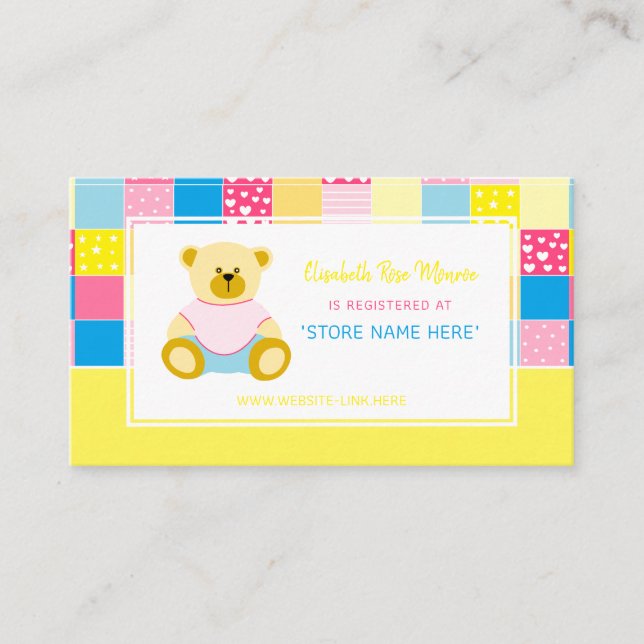 Patchwork Gold Bear, Baby Shower Gift Registry Enclosure Card (Front)