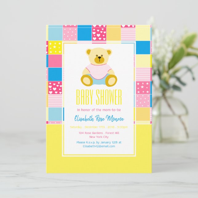 Patchwork Gold Bear, Baby Shower Invitation (Standing Front)