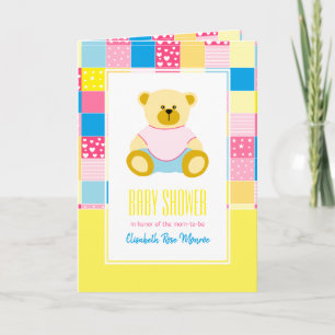Patchwork Gold Bear, Baby Shower Invitation