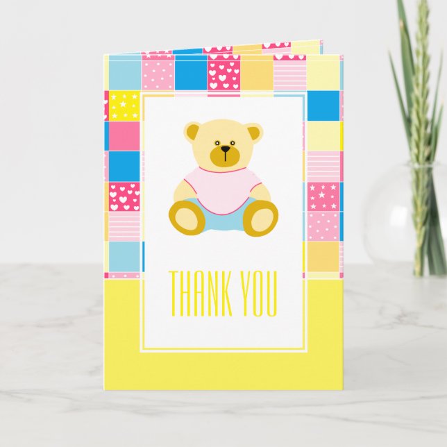 Patchwork Gold Bear, Baby Shower Thank You Card (Front)