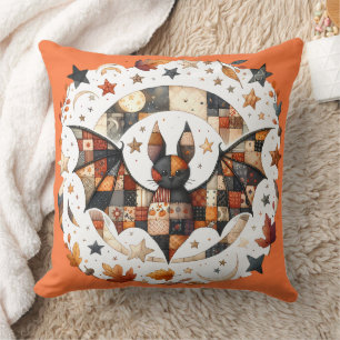 Patchwork Halloween Bat in Autumn Colors Cushion