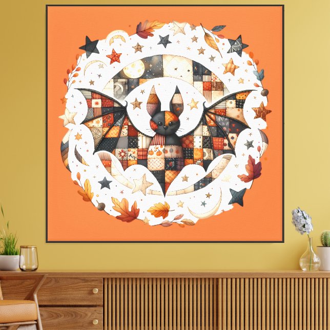 Patchwork Halloween Bat in Autumn Colours Canvas Print (Insitu(LivingRoom))