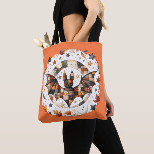 Patchwork Halloween Bat in Autumn Colours Tote Bag