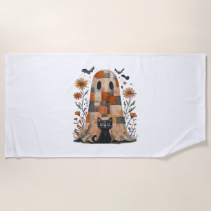 Patchwork Halloween Ghost and Cat , Retro Spooky F Beach Towel