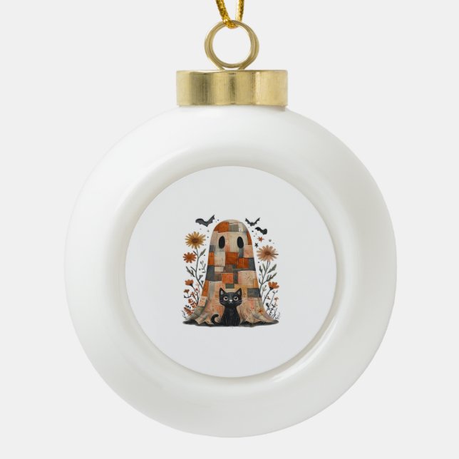 Patchwork Halloween Ghost and Cat , Retro Spooky F Ceramic Ball Christmas Ornament (Front)