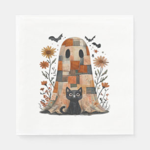 Patchwork Halloween Ghost and Cat , Retro Spooky F Napkin